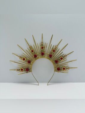 Gold Halo Headband with Red Floral Accents